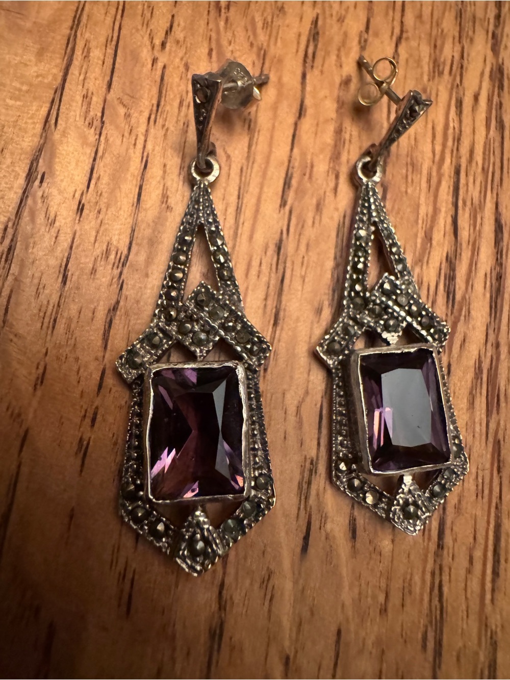 Art Deco Style Marcasite & Amethyst Sterling Silver Drop Earrings
